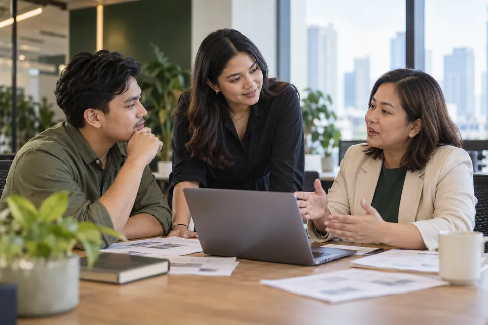 Technology and finance colleagues discussing work around a laptop