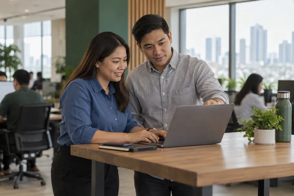 Developers reviewing a laptop at a standing desk