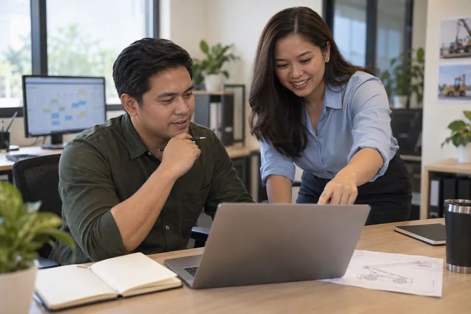 Colleagues discussing equipment availability in an office