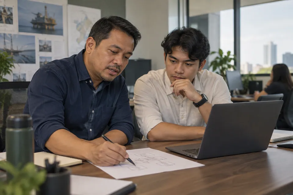 Technology colleagues reviewing a workflow together