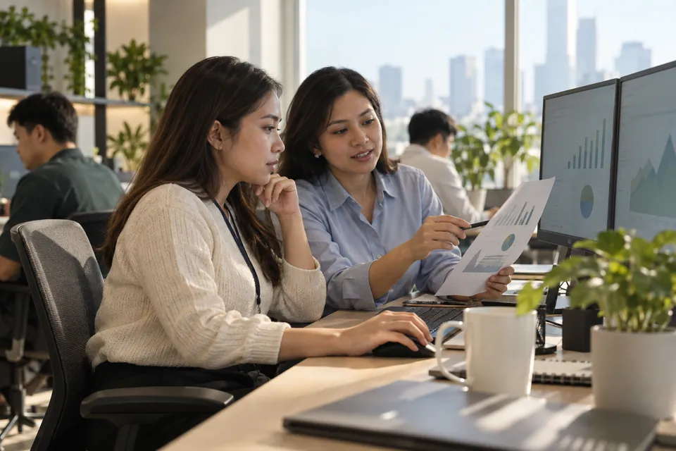 Data professionals reviewing charts at a workstation