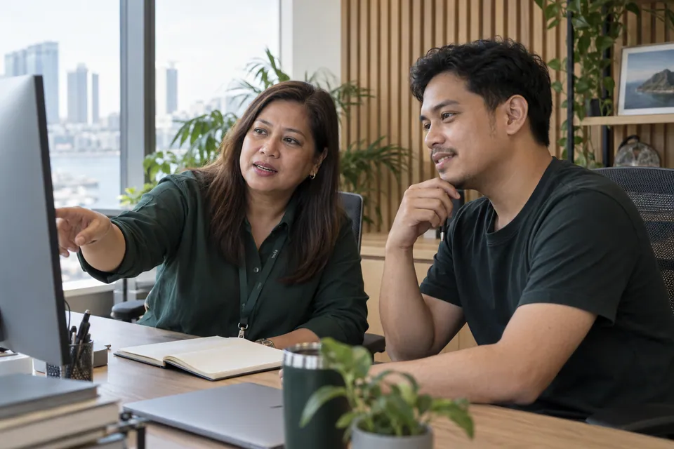 Engineering colleagues reviewing a screen together