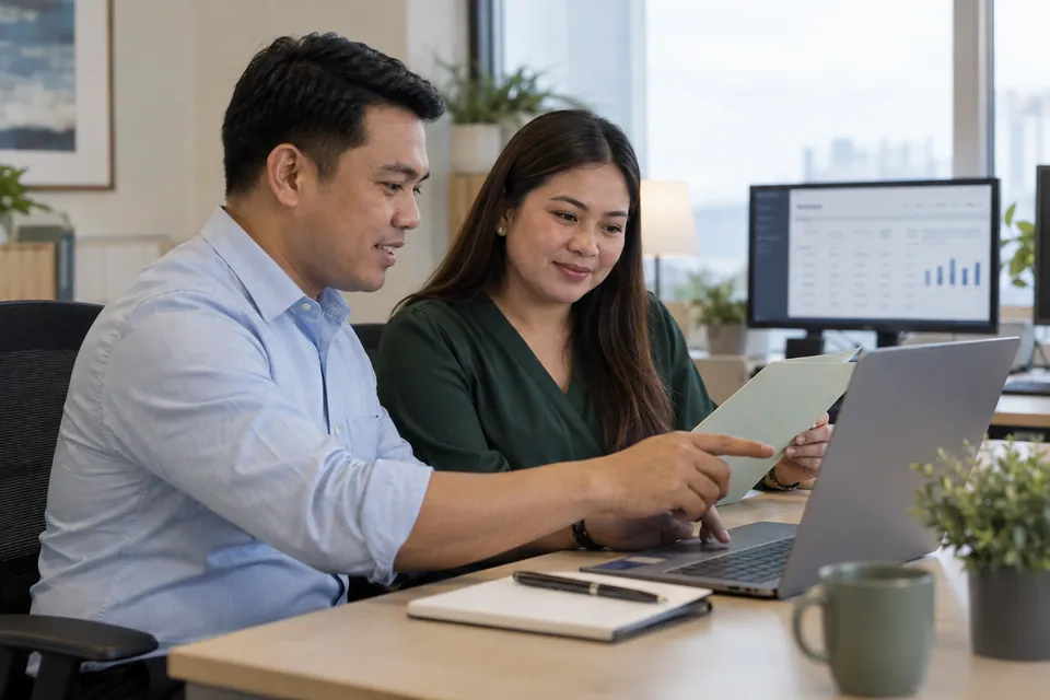 Lending professionals reviewing documents and a laptop in an office