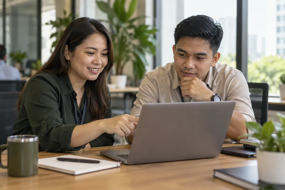 Colleagues reviewing a business application together