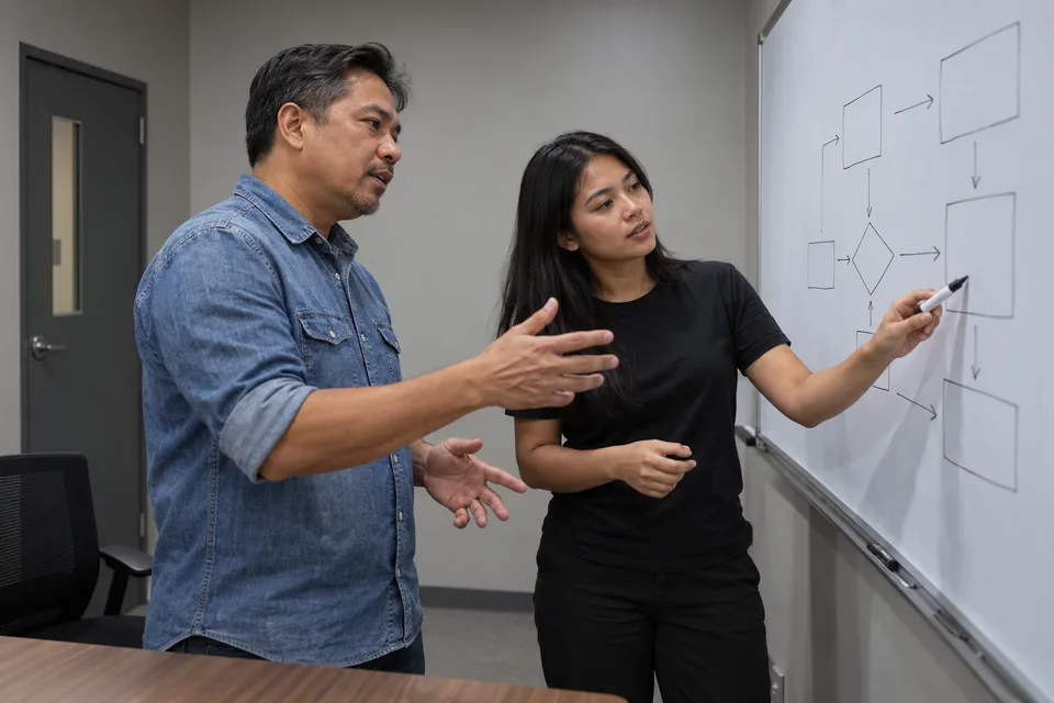 Technology colleagues discussing an application workflow at a whiteboard