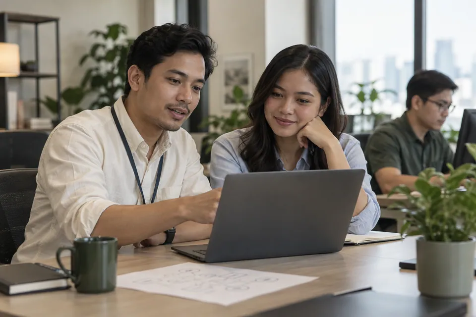 Technology colleagues discussing a workflow at a laptop